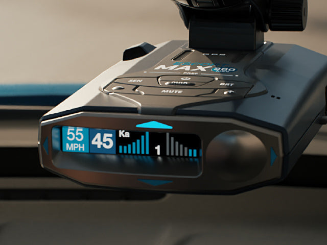 MAX 360c MKII Radar Detector close-up attached to windshield