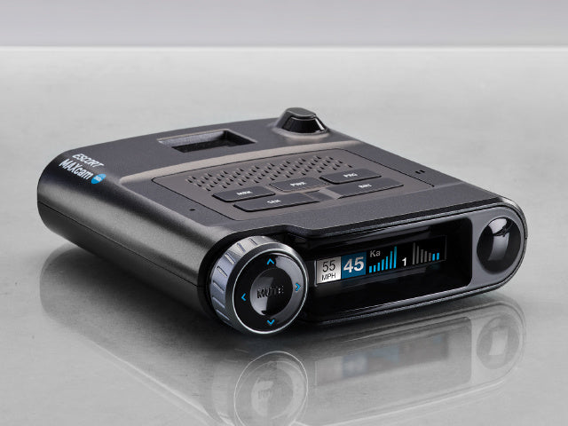 MAXcam 360c radar detector dash cam close up on countertop