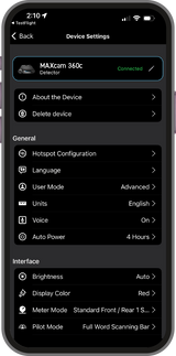 ESCORT DriveSmarter Smartphone App Screen MAXcam 360c Device Settings
